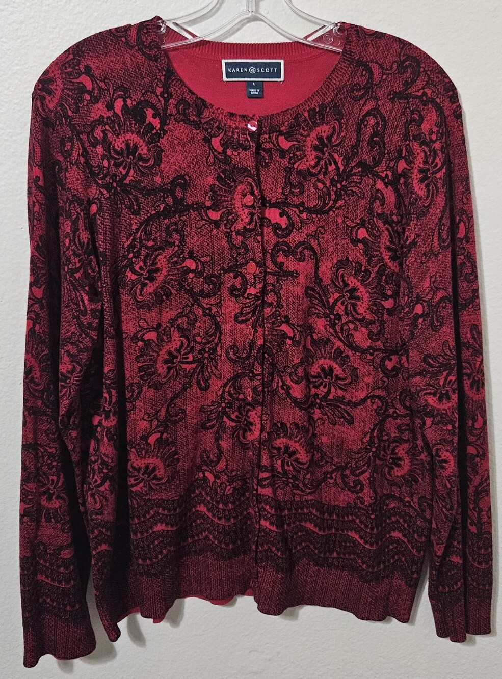 Karen Scott Red Floral-Print Button Cardigan